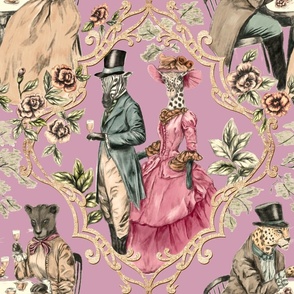 (L) Queen's Tea Party - safari animals in victorian outfit in rose