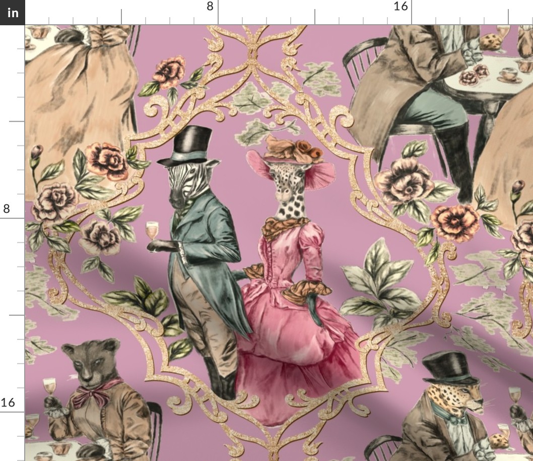 (L) Queen's Tea Party - safari animals in victorian outfit in rose