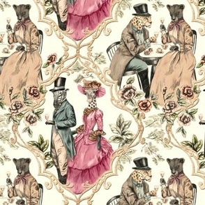 (M) Queen's Tea Party - safari animals in victorian outfit in ivory