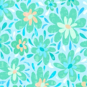 Groovy Retro Flowers - Daisy Flowers - Blue and Green