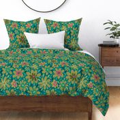 Groovy Retro Flowers - Daisy Flowers - Olive Green and Teal