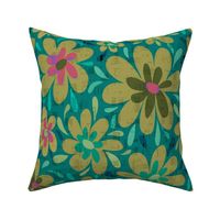 Groovy Retro Flowers - Daisy Flowers - Olive Green and Teal