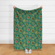 Groovy Retro Flowers - Daisy Flowers - Olive Green and Teal