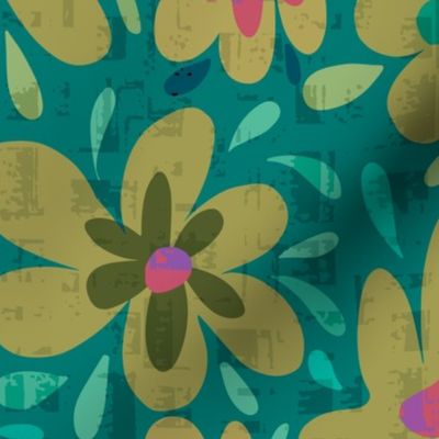 Groovy Retro Flowers - Daisy Flowers - Olive Green and Teal