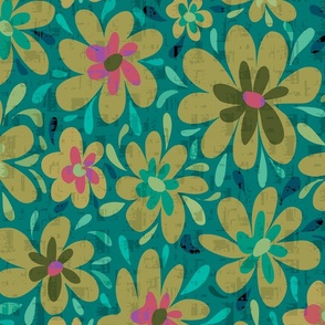 Groovy Retro Flowers - Daisy Flowers - Olive Green and Teal