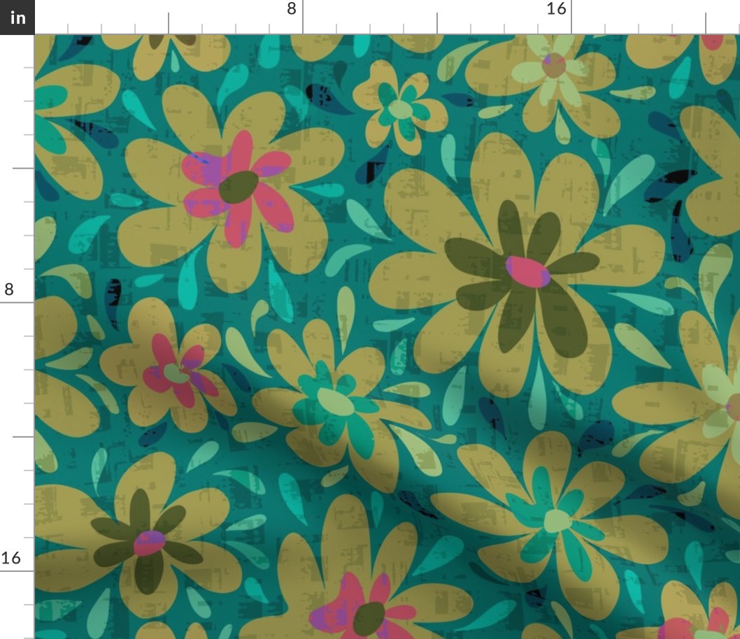 Groovy Retro Flowers - Daisy Flowers - Olive Green and Teal