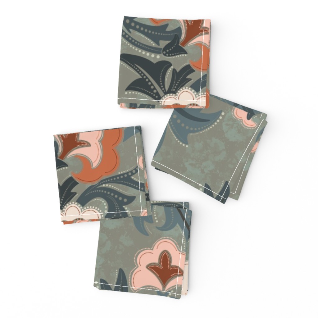 Peach Floral Design, green and gray background, small scale
