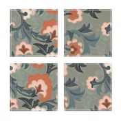 Peach Floral Design, green and gray background, small scale