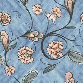 Peach Floral, blue background, large scale