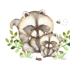 Woodland Animals Raccoon and Baby Nursery Bedding Pillow Bee Ladybug Greenery 