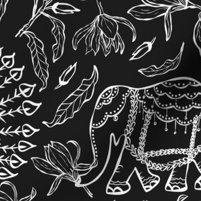 Large scale elephant, peacock and magnolia modern classic Indian Floral  in white on black ground. 