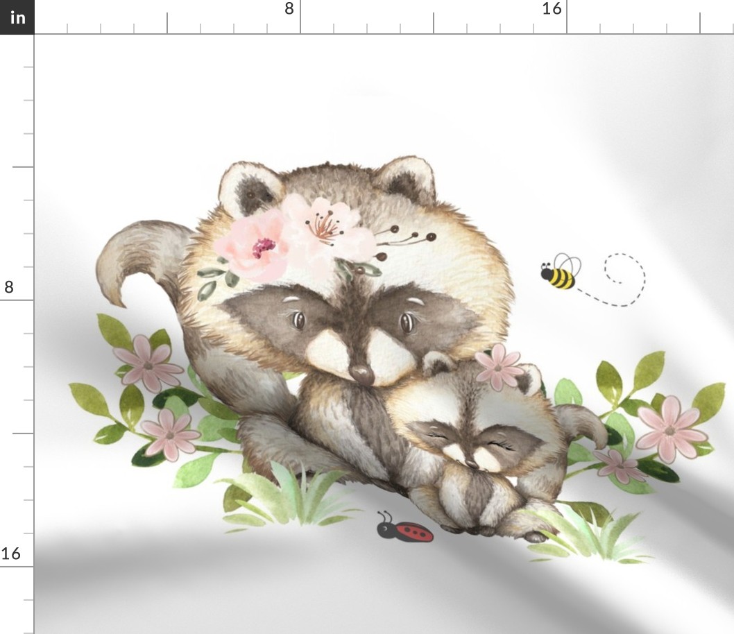 Pink Floral Woodland Animals Raccoon and Baby Girl Nursery Bedding Pillow Bee Ladybug Greenery 