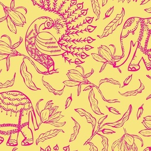 Indian Floral Elephant and Peacock Party Wall in hot pink and yellow - Modern classic style - Large scale  