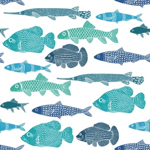 Blue, Teal and Aqua Block Print Fish - Large