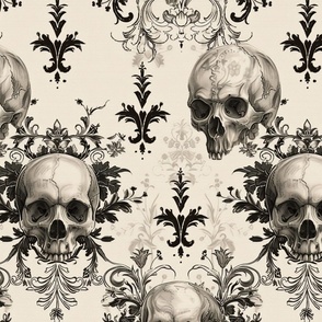 Spooky Skulls and Bony Scrolls Black on Bone Detailed Neoclassic Damask