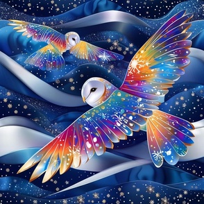 Colorful Fantasy Rainbow Owls Soaring Through A Starry Magical Night