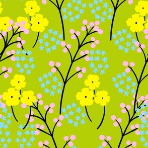 Berry Happy Flower Field Pink, Yellow, Baby Sky Blue And Light Olive Green Retro Modern Grandmillennial Cottagecore Swiss Scandi Pastel Line Art Garden Floral Meadow Ditzy Repeat Pattern