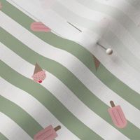 Popsicle Parade – white and sage green stripes with scattered strawberry pink ice cones and popsicles– Small (S) Scale – indulgent, sweet, playful, nostalgic, quilting, summer