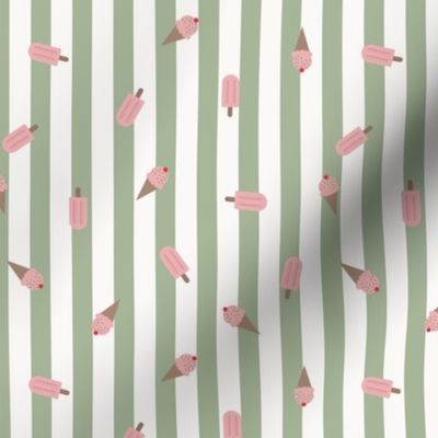 Popsicle Parade – white and sage green stripes with scattered strawberry pink ice cones and popsicles– Small (S) Scale – indulgent, sweet, playful, nostalgic, quilting, summer