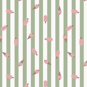 Popsicle Parade – white and sage green stripes with scattered strawberry pink ice cones and popsicles– Small (S) Scale – indulgent, sweet, playful, nostalgic, quilting, summer