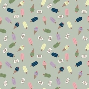 Ice Cream Party – playful dance of ice cones, popsicles and ice cream signs on a light green backgroundwith pastel hues of  vanilla, strawberry, sage, blueberry, and violet – Medium (M) Scale – indulgent, sweet , playful, nostalgic, summertime sweetness, 