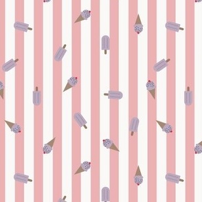 Popsicle Parade – white and pink stripes with scattered violet purple ice cones and popsicles– Small (S) Scale – indulgent, sweet, playful, nostalgic, quilting, summer