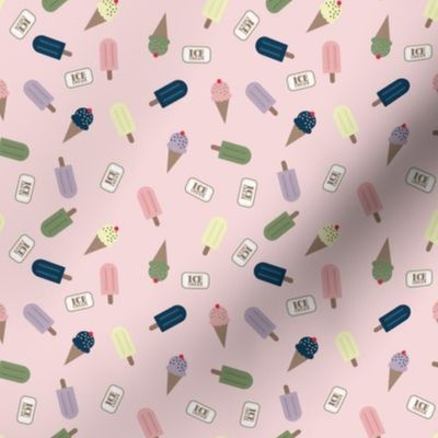 Ice Cream Party – playful dance of ice cones, popsicles and ice cream signs on a pink background with pastel hues of  vanilla, strawberry, sage, blueberry, and violet – Medium (M) Scale – indulgent, sweet , playful, nostalgic, summertime sweetness, deligh
