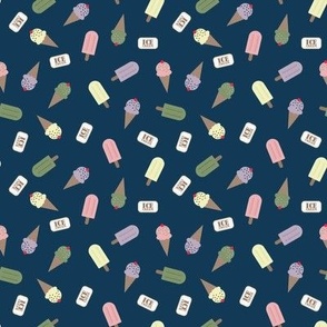 Ice Cream Party – playful dance of ice cones, popsicles and ice cream signs  on a dark blue background with pastel hues of  vanilla, strawberry, sage and violet – Medium (M) Scale – indulgent, sweet , playful, nostalgic, summertime sweetness, delightful