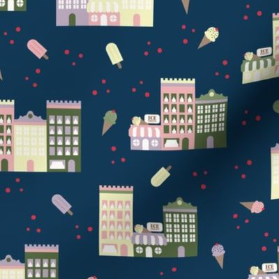 Ice Cream Neighborhood – delightful houses mingling with ice cream shops, signs, cherries, popsicles and ice cones with pastel hues of vanilla, strawberry, sage, blueberry, and violet on dark blue background – Medium (M) Scale – indulgent, sweet, playful,
