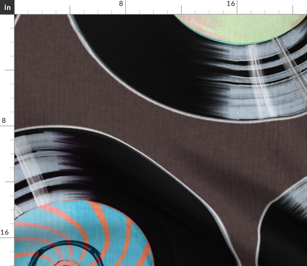 Spin the Records- Retro Style on Vintage Brown-Dance Party- Large Scale