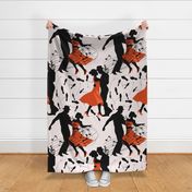 Dance club with black silhouettes of dancing people with red on off white  - large scale