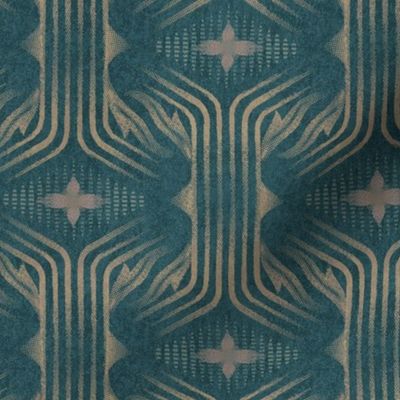 Interweaving lines textured elegant geometric with hexagons and diamonds - dramatic teal green and warm rose, dark teal green - medium