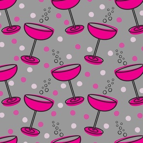 (L) Festive Pink Champagne Cocktails with Bubbles and Fuchsia and Blush Pink Dots on Medium Gray