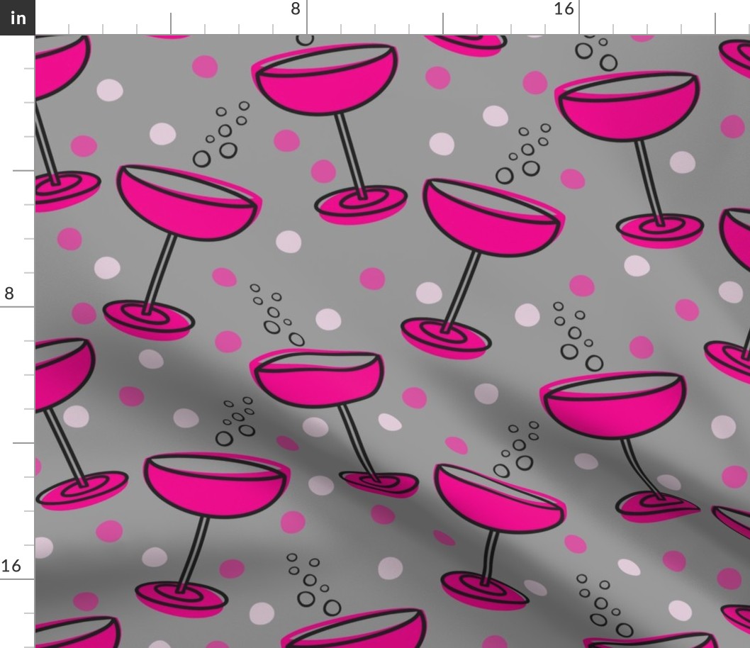 (L) Festive Pink Champagne Cocktails with Bubbles and Fuchsia and Blush Pink Dots on Medium Gray