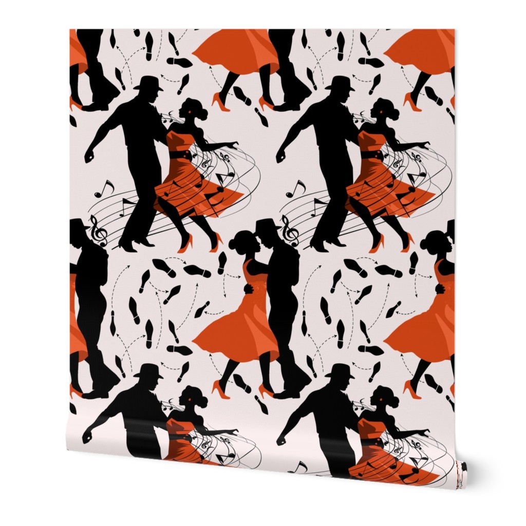 Dance club with black silhouettes of dancing people with red on off white  - medium scale