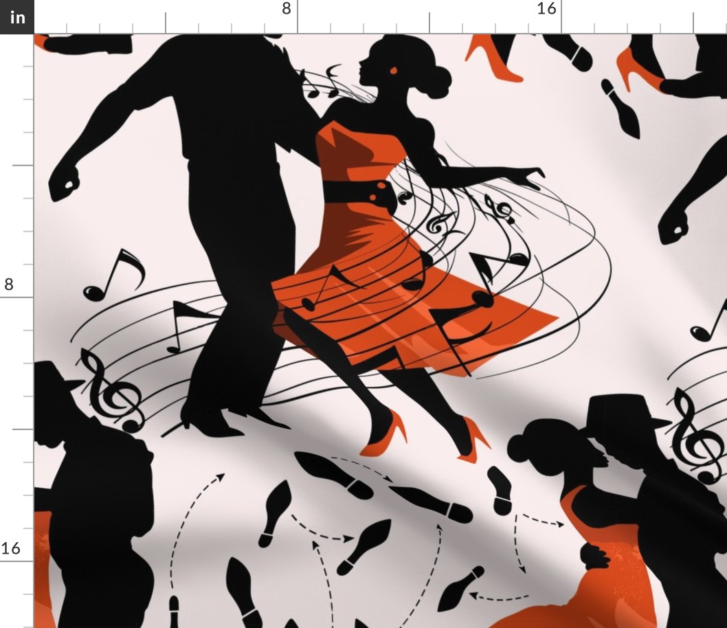 Dance club with black silhouettes of dancing people with red on off white  - medium scale