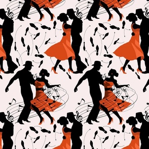 Dance club with black silhouettes of dancing people with red on off white  - small scale