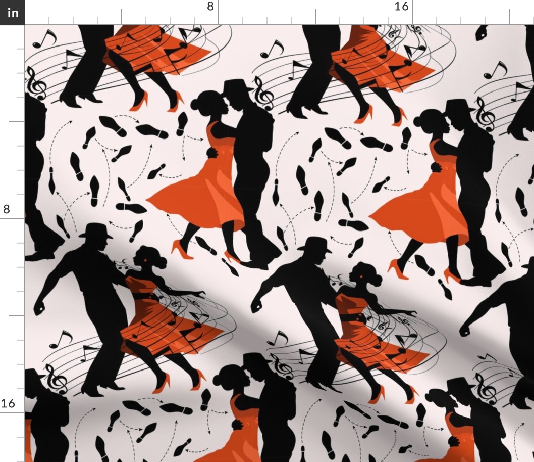 Dance club with black silhouettes of dancing people with red on off white  - small scale