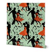 Dance club with black silhouettes of dancing people with red on green  - medium scale