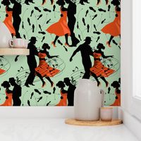 Dance club with black silhouettes of dancing people with red on green  - medium scale