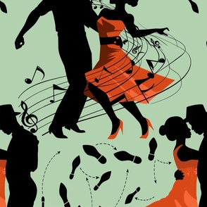 Dance club with black silhouettes of dancing people with red on green  - medium scale