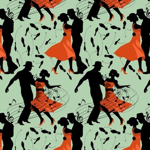 Dance club with black silhouettes of dancing people with red on green  - small scale