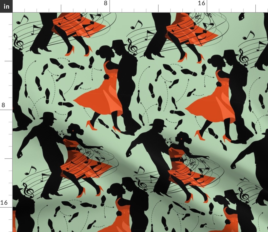 Dance club with black silhouettes of dancing people with red on green  - small scale