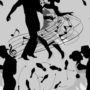 Dance club with black silhouettes of dancing people with shades of grey and silver  - medium scale