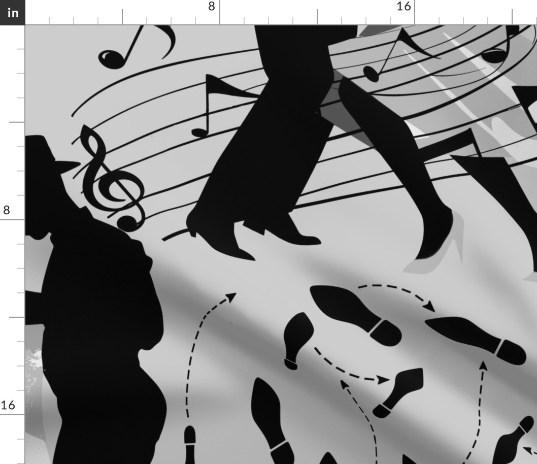 Dance club with black silhouettes of dancing people with shades of grey and silver  - large scale