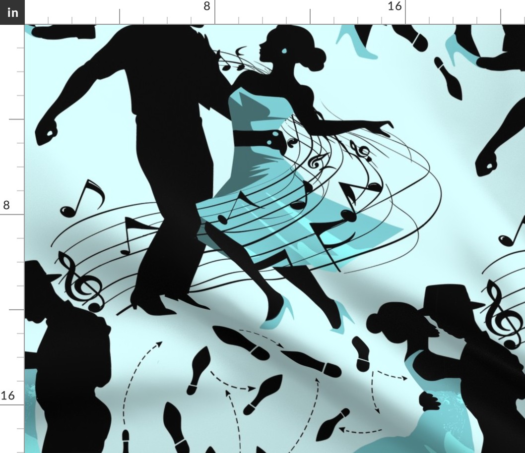 Dance club with black silhouettes of dancing people with shades of mint and turquoise  - medium scale