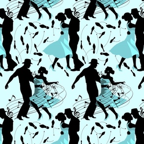 Dance club with black silhouettes of dancing people with shades of mint and turquoise  - small scale