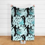 Dance club with black silhouettes of dancing people with shades of mint and turquoise  - large scale