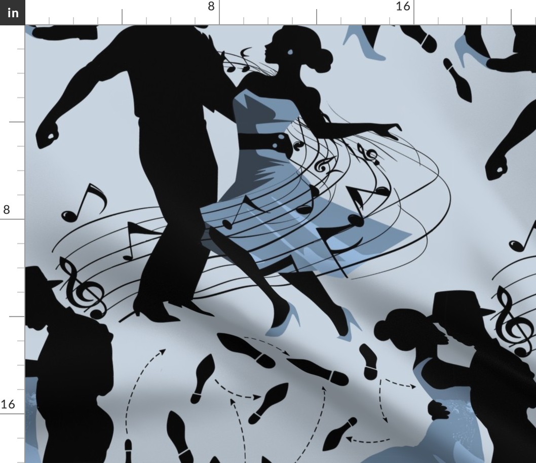 Dance club with black silhouettes of dancing people with shades of blue  - medium scale