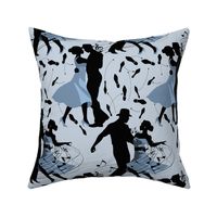 Dance club with black silhouettes of dancing people with shades of blue  - small scale